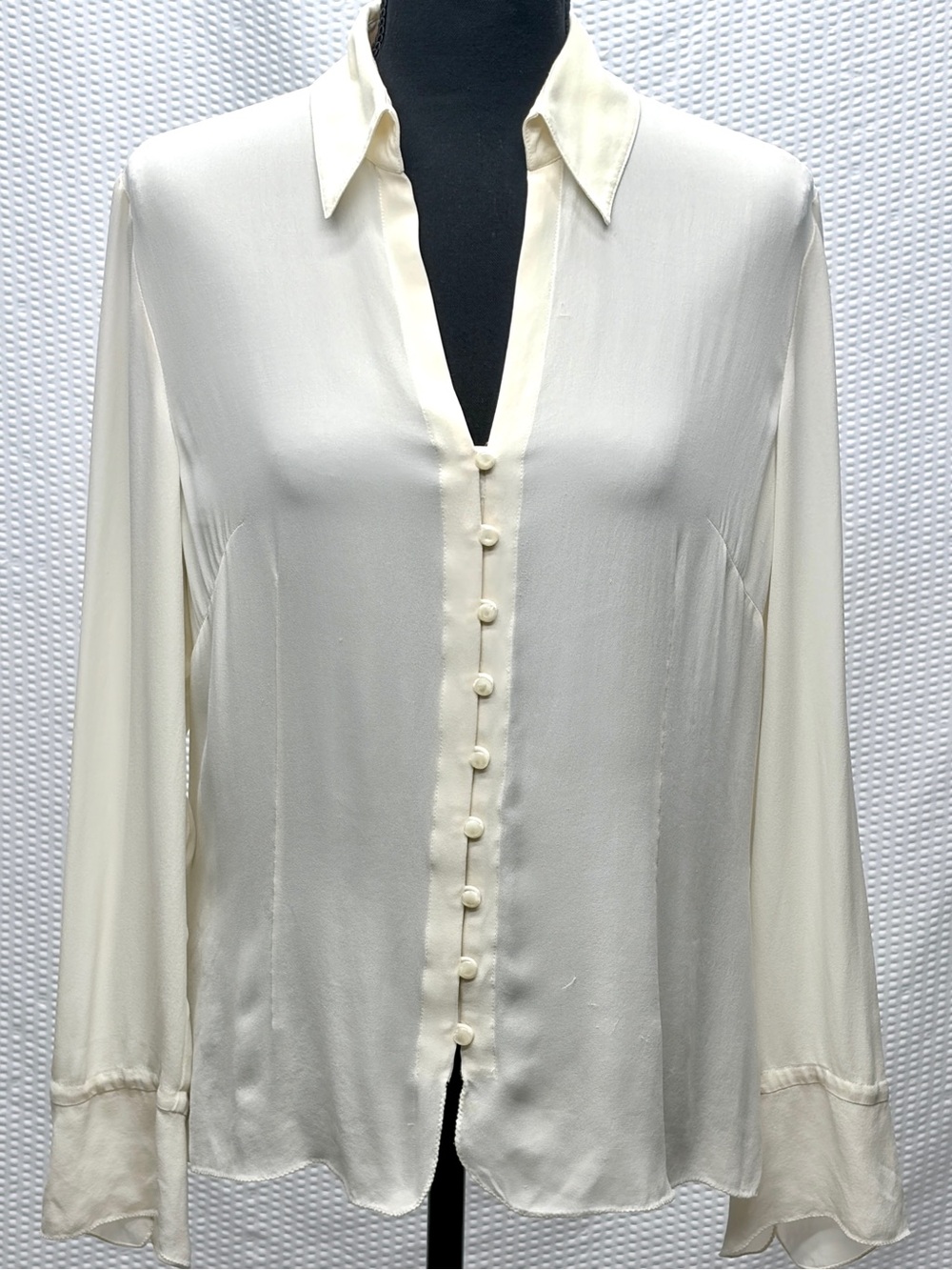 Ann Taylor 100 Silk Ivory Button Front Blouse Womens 14 Flared Cuff